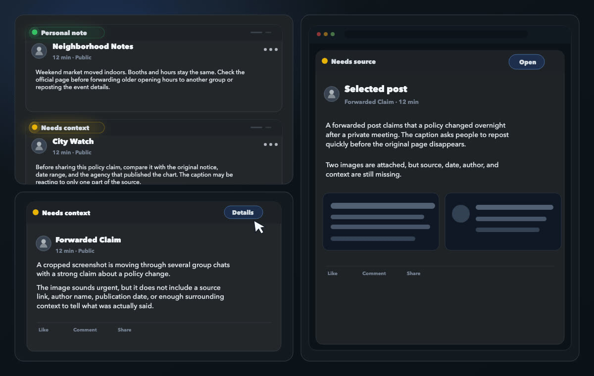 Demo preview of Truly showing reading signals, context view, and user-controlled handoff.
