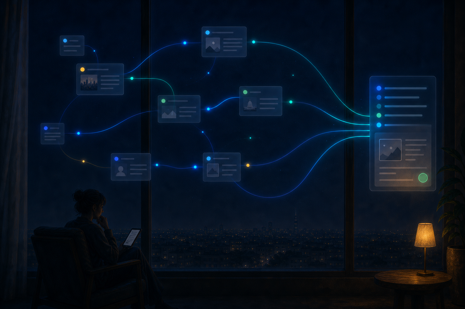 A quiet reader at night looking at connected information cards that resolve into a calmer context panel.